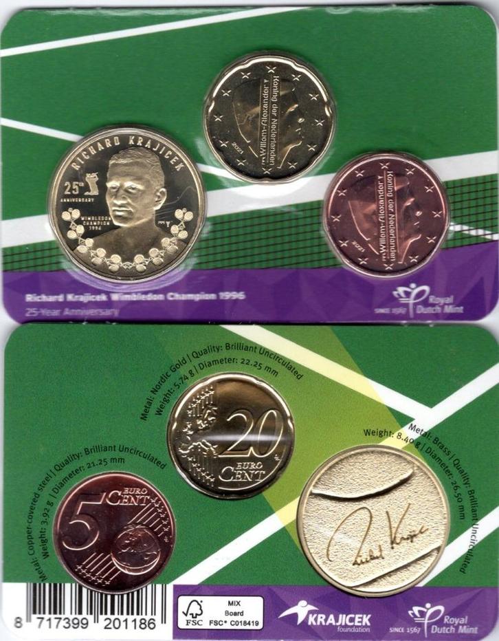 5 + 20 Eurocent Nederland 2021 - Coincard Ricard Krajicek, Postzegels en Munten, Munten | Europa | Euromunten, Setje, Overige waardes
