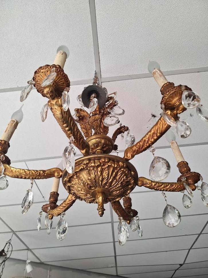 Bronzen kroonluchter met kristallen, Huis en Inrichting, Lampen | Kroonluchters, Gebruikt, Glas, Metaal, Ophalen