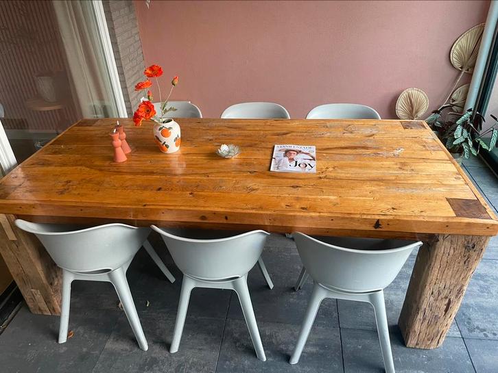 Eiken gebinten eettafel+ 6 kuipstoelen, Huis en Inrichting, Tafels | Eettafels, Gebruikt, 50 tot 100 cm, 200 cm of meer, Vijf personen of meer