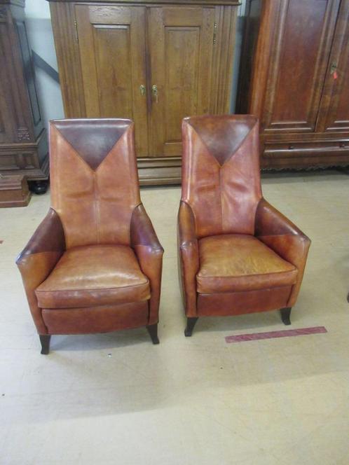 Oer 11446 vintage set van 2 leren fauteuils met hoge rug, Huis en Inrichting, Fauteuils, Leer, Ophalen