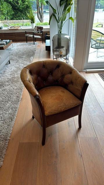 Chesterfield look fauteuil leer bruin beschikbaar voor biedingen