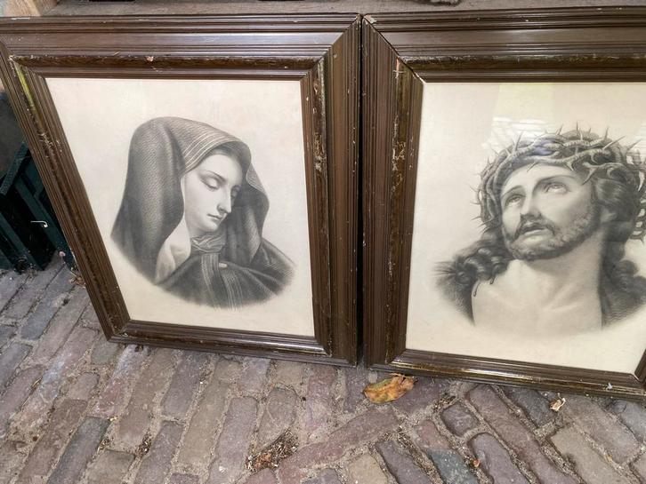 Oude religieuze prenten in lijst (2 stuks), Antiek en Kunst, Kunst | Tekeningen en Foto's, Ophalen