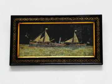 Uniek oud postzegel schilderij met een zeilboot maritiem beschikbaar voor biedingen