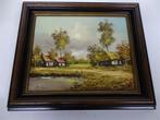 A5580 Schilderij boerderij olieverf op doek door R. Wolters, Huis en Inrichting, Ophalen of Verzenden, Gebruikt, Schilderij, Minder dan 50 cm