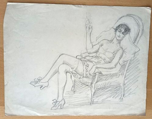 A493-35 Oude tekening Vrouw in lingerie, rokend in stoel, Antiek en Kunst, Kunst | Tekeningen en Foto's, Ophalen of Verzenden