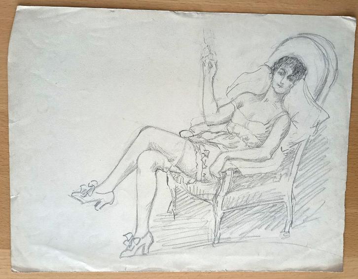 A493-35 Oude tekening Vrouw in lingerie, rokend in stoel, Antiek en Kunst, Kunst | Tekeningen en Foto's, Ophalen of Verzenden