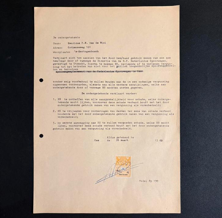 Vergunning NS betreding terreinen (Oss - 1969), Verzamelen, Spoorwegen en Tramwegen, Gebruikt, Trein, Ophalen of Verzenden