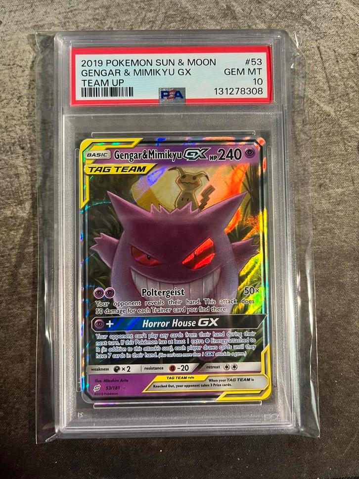 PSA 10 GENGAR MIMIKYU GX TAG TEAM 53 - TEAM UP, Hobby en Vrije tijd, Verzamelkaartspellen | Pokémon, Zo goed als nieuw, Ophalen of Verzenden