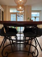 Robuuste eettafel met smeedijzeren onderstel + 6 stoelen, Ophalen, 200 cm of meer, 50 tot 100 cm, Zo goed als nieuw