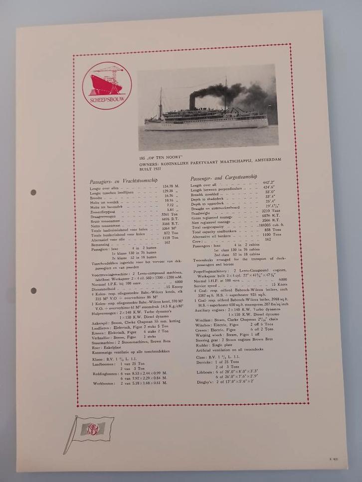 scheepvaart informatiefolder KPM - schip Op ten Noort, Verzamelen, Scheepvaart, Gebruikt, Verzenden