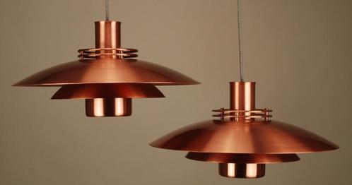 Massief koper Vintage Deense hanglampen set van 2 stuks., Huis en Inrichting, Lampen | Hanglampen, Gebruikt, Verzenden