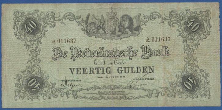 40 GLD 1915 A 011637 reliëfrand erg mooi nog RRR zeldzaam, Postzegels en Munten, Bankbiljetten | Nederland, Ophalen of Verzenden