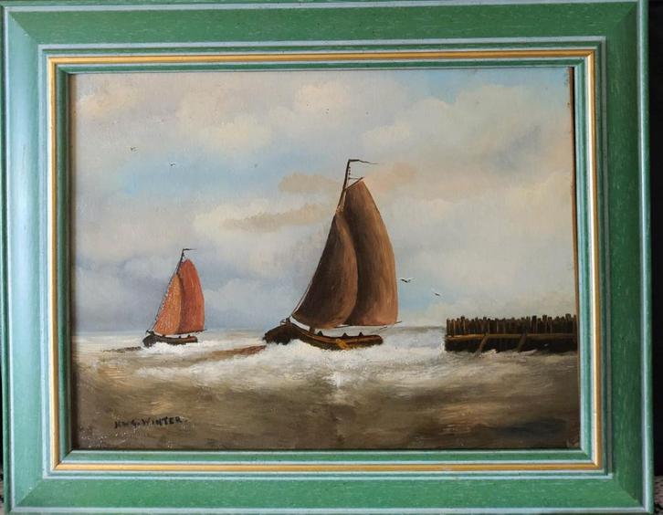 Olieverfschilderij Boten langs Kustlijn, Antiek en Kunst, Kunst | Schilderijen | Klassiek, Verzenden