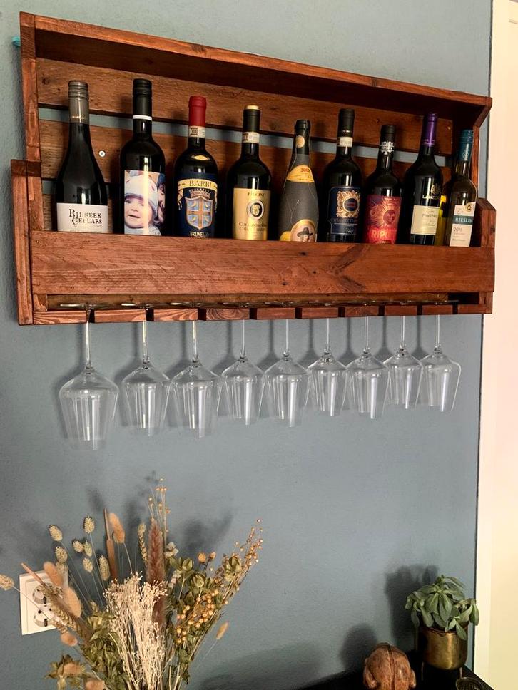 Houten Wijnrek met Glazenhouder (inclusief 9 glazen), Huis en Inrichting, Woonaccessoires | Wijnrekken, Zo goed als nieuw, Minder dan 50 cm