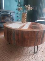 industrieel, vintage, massief hout, handgemaakt, salontafel, Huis en Inrichting, Ophalen, Gebruikt, 50 tot 100 cm, Rond