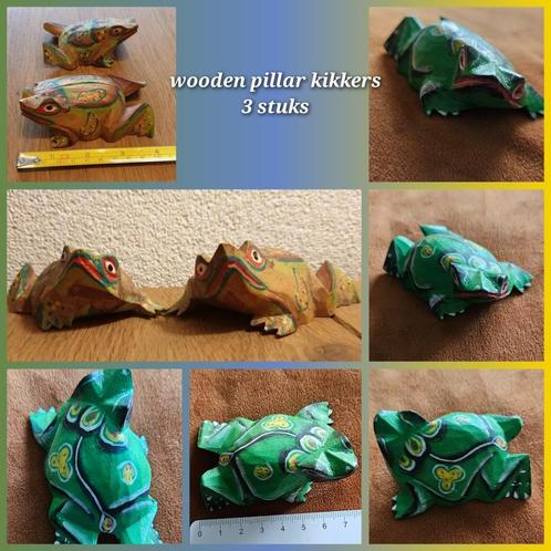Kikkers Wooden Pillars 8/10cm 3x uniek houtsnijwerk vintage!, Antiek en Kunst, Kunst | Beelden en Houtsnijwerken, Ophalen of Verzenden
