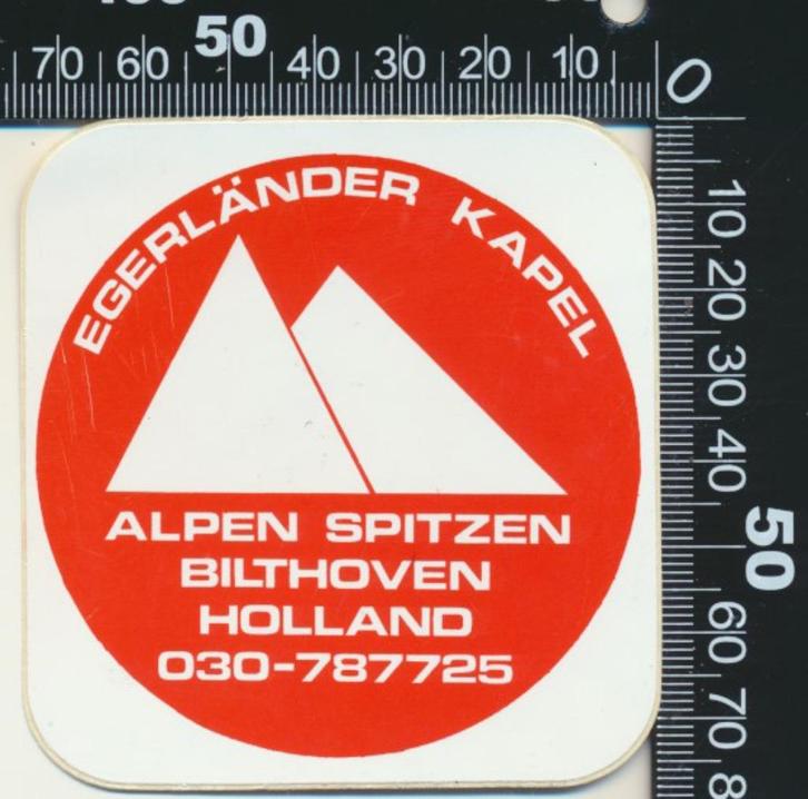 Sticker: Egerlander Kapel Alpen Spitzen - Bilthoven, Verzamelen, Stickers, Zo goed als nieuw, Bedrijf of Vereniging, Ophalen of Verzenden
