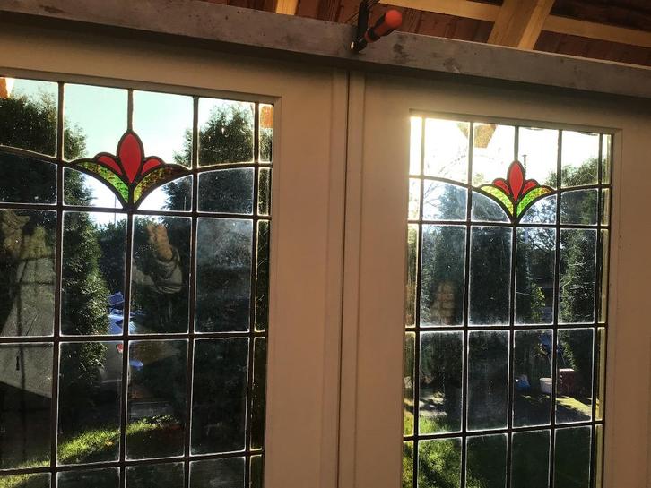 Ensuite/ schuifdeuren met glas in lood, Doe-het-zelf en Verbouw, Deuren en Horren, Zo goed als nieuw, Binnendeur, 200 tot 215 cm