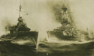 Squadron torpedoboot en slagschip - Antieke illustratie beschikbaar voor biedingen