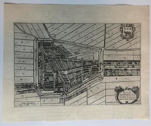 Plattegrond Edam Blaeu 1649, Antiek en Kunst, Kunst | Etsen en Gravures, Ophalen of Verzenden
