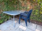 tuinset - metal&glass table + 4 plastic chairs - Prestige, Tuin en Terras, Tuinsets en Loungesets, Ophalen of Verzenden, Zo goed als nieuw