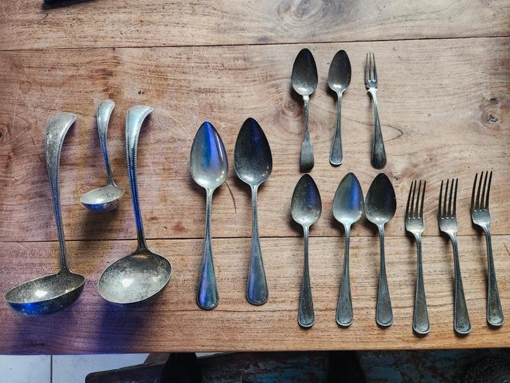 Oud zilver bestek met parelrand, begin 20e eeuw, Antiek en Kunst, Antiek | Bestek, Ophalen of Verzenden