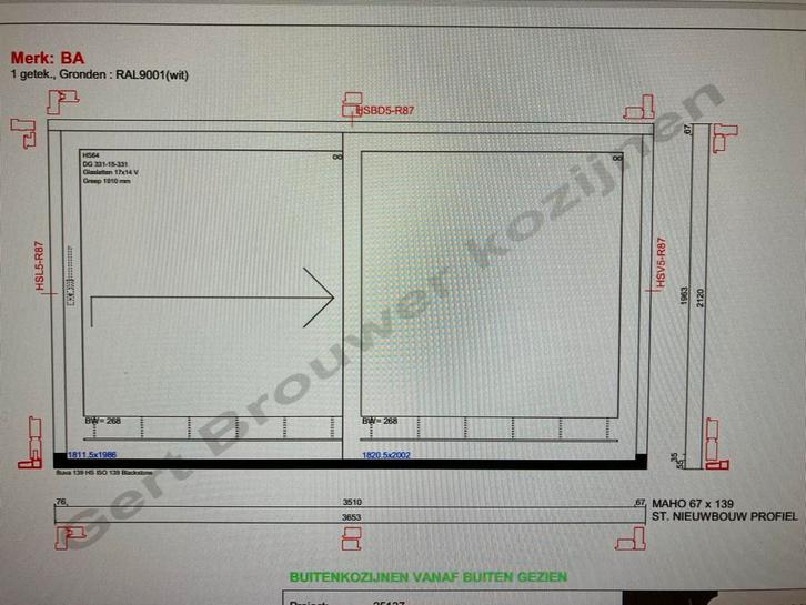 Hefschuifpui BA, Hout, RAL9001, 3510x2120mm, Doe-het-zelf en Verbouw, Kozijnen en Schuifpuien, Nieuw, Schuifpui, Hout, 150 tot 225 cm