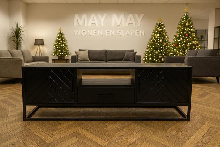 Tv Meubel 165cm Zwart mango visgraad Direct/Leverbaar E-7273, Huis en Inrichting, Kasten | Televisiemeubels, Nieuw, Minder dan 100 cm
