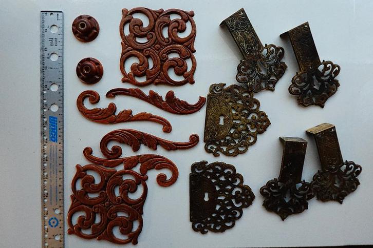 Achterplaten koper messing hout sierlijst sier beslag oud, Huis en Inrichting, Woonaccessoires | Overige, Gebruikt, Ophalen of Verzenden