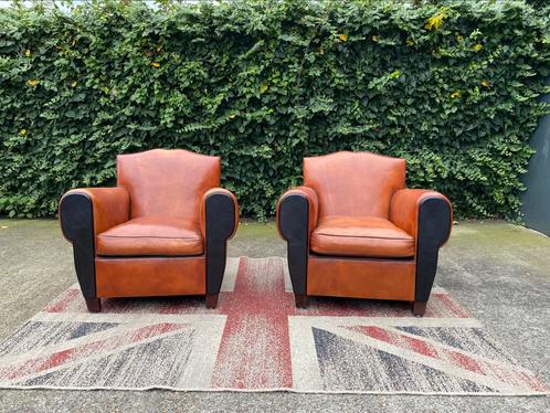 Nieuw !!! 2 x Art Deco schapen leren fauteuils !!!, Huis en Inrichting, Fauteuils, Nieuw, Hout, Leer, 75 tot 100 cm, 75 tot 100 cm