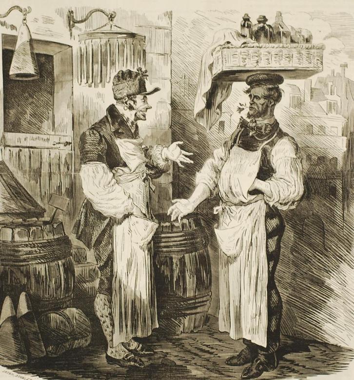 De twee kruideniers - Antieke illustratie (ca. 1850), Verzamelen, Foto's en Prenten, Zo goed als nieuw, Voor 1940, Verzenden