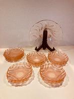 Vintage rosé persglas gebaksset, schaal en 11 schoteltjes, Ophalen of Verzenden