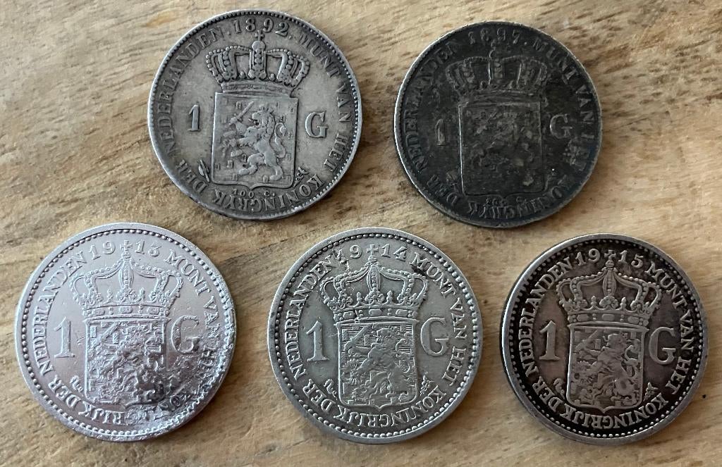 Gulden 1892 + 1897 en 1913, 1914 en 1915 Wilhelmina (2), Postzegels en Munten, Munten | Nederland, Ophalen, 1 gulden, Zilver, Koningin Wilhelmina