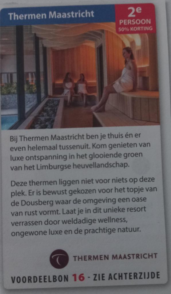 Postcodeloterij bon 16 Thermen Maastricht, Tickets en Kaartjes, Kortingen en Cadeaubonnen, Twee personen, Spa of Sauna, Kortingsbon