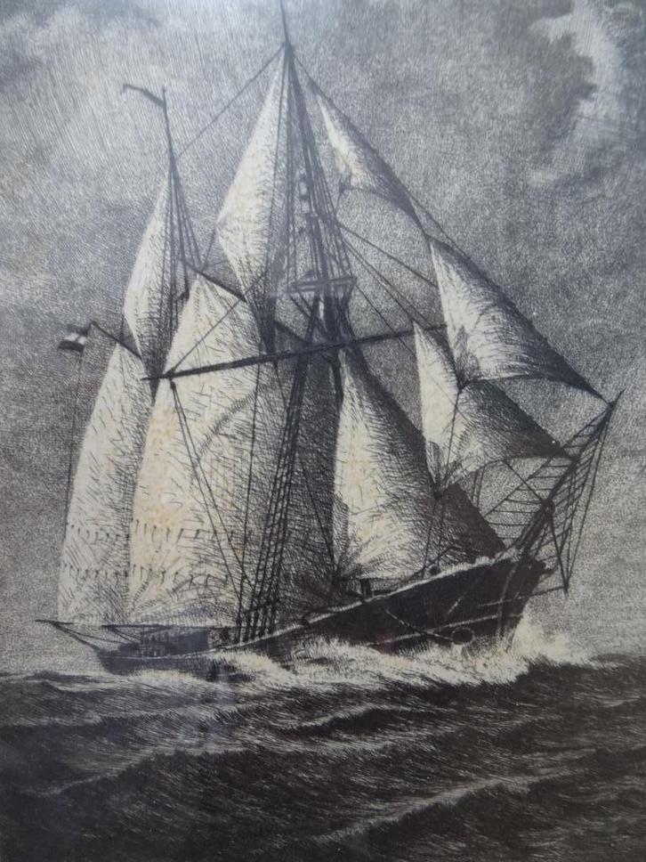 Ets zeilschip Willem Barendsz, Maarten Langbroek, Antiek en Kunst, Kunst | Etsen en Gravures, Verzenden