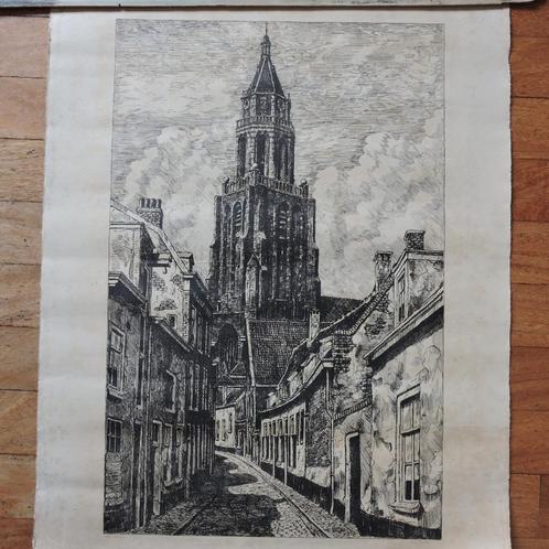 Grote ets Eusebiuskerk Trompetsteeg Arnhem 63 cm, Antiek en Kunst, Kunst | Etsen en Gravures, Ophalen of Verzenden