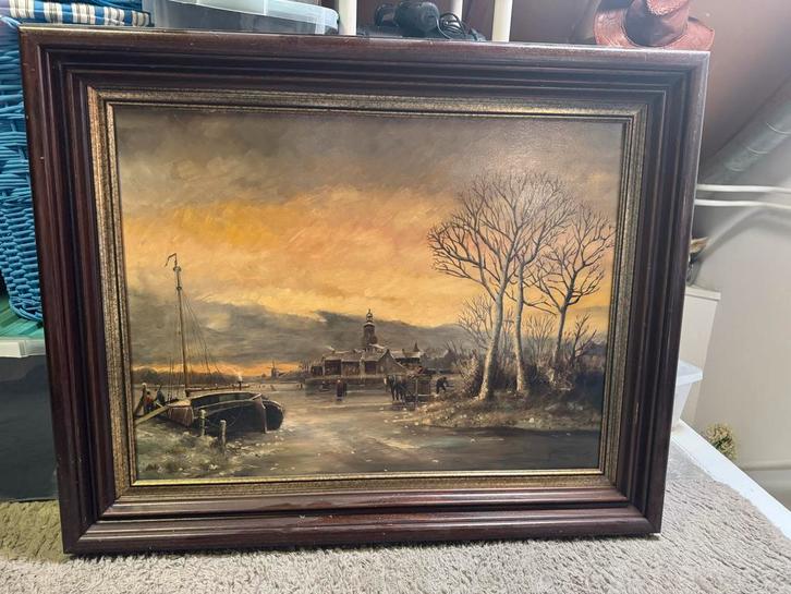 Schilderij Winterlandschap met Figuren en Boten, Antiek en Kunst, Kunst | Schilderijen | Klassiek, Ophalen