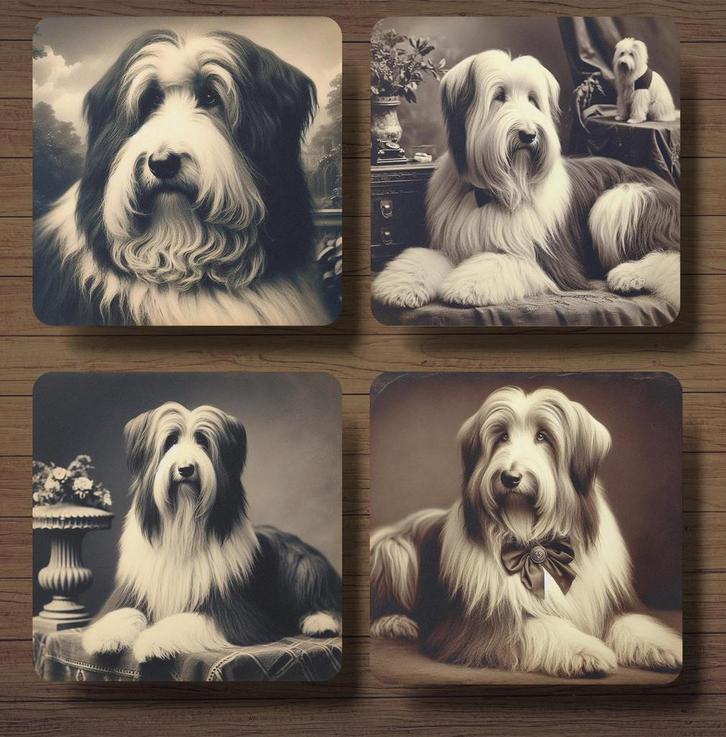 Bearded Collie Victoriaanse onderzetters met houder, Huis en Inrichting, Woonaccessoires | Onderzetters, Nieuw, Glas of Kopje