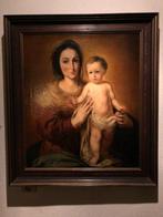 Antiek groot schilderij Maria met kind, Ophalen of Verzenden