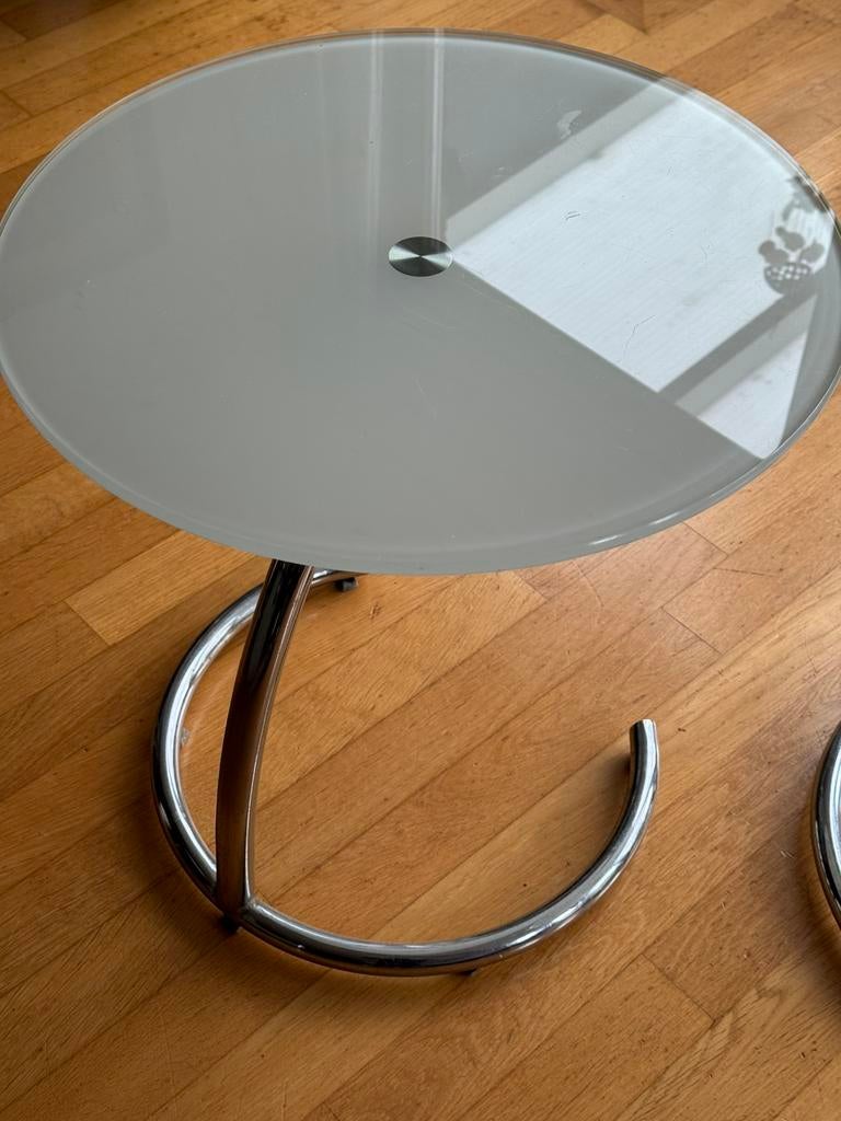 Duo Design Bijzettafels in Frosted Glass & Chroom, Minder dan 55 cm, Rond, Ophalen, 45 tot 60 cm