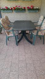 tuintafel met 4 stapelstoelen, Tuin en Terras, Tuintafels, Ophalen, Gebruikt, Rechthoekig, Kunststof