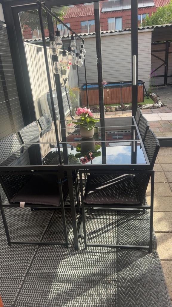 Eettafel 6 eetstoelen (7 delig) zwart, Tuin en Terras, Tuinmeubel-accessoires, Ophalen