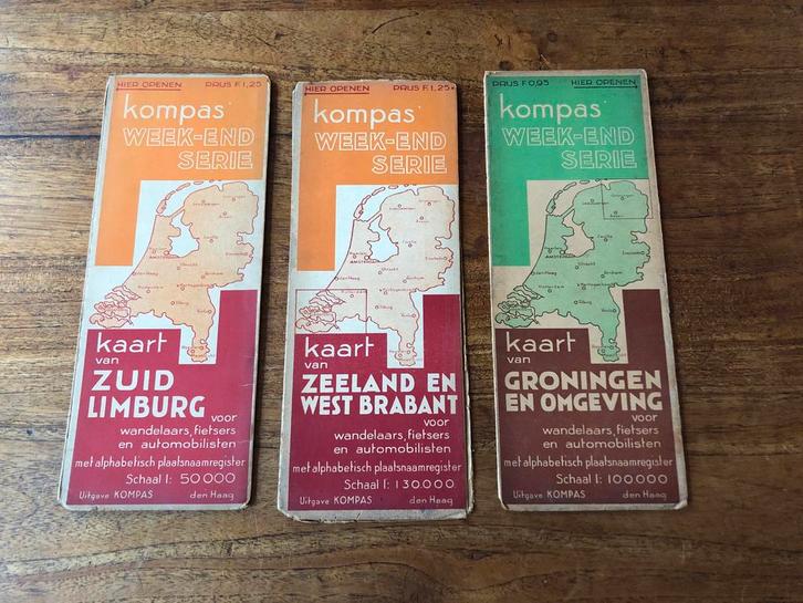 Vintage Kompas Landkaarten - Week-End Serie, Boeken, Atlassen en Landkaarten, Gelezen, Landkaart, Nederland, 1800 tot 2000, Ophalen of Verzenden