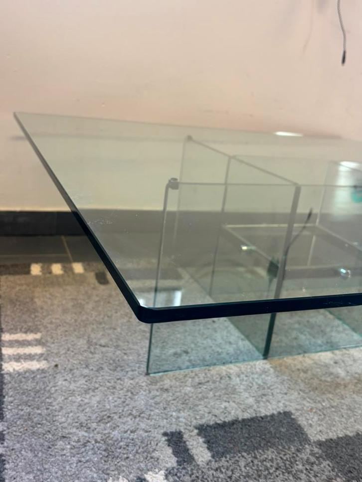 Mid-Century architectonische glazen salontafel Italië ’70, Huis en Inrichting, Tafels | Salontafels, Zo goed als nieuw, Minder dan 50 cm