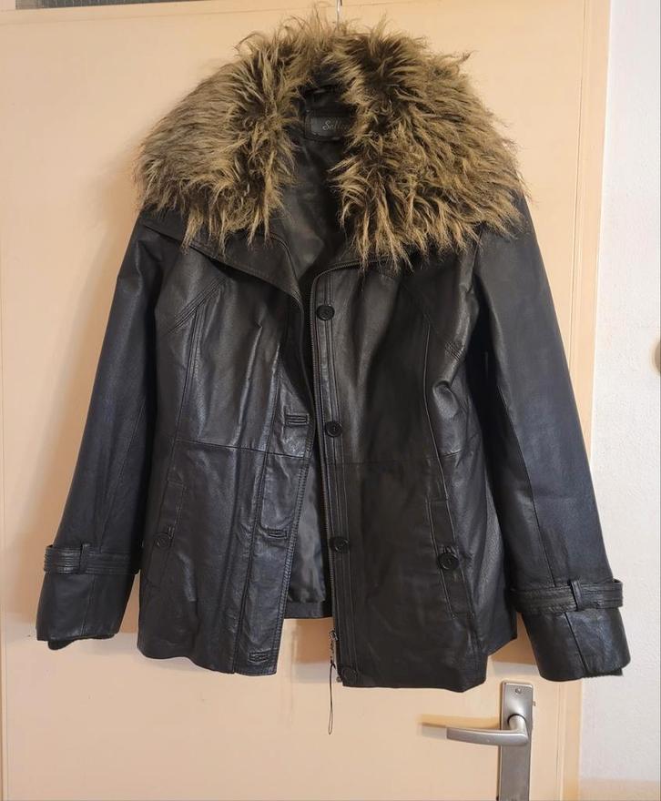Safleu leren jas met bontkraag - Maat 42/44 (L) echt leer, Kleding | Dames, Jassen | Winter, Gedragen, Maat 42/44 (L), Zwart, Ophalen of Verzenden
