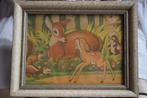 oud/antiek schilderijtje bambi kleuren prent achter glas, Gebruikt, Ophalen of Verzenden