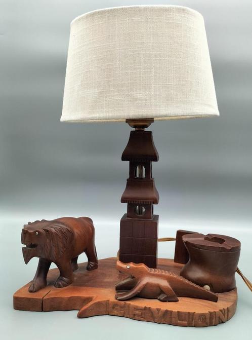 Vintage lamp houtsnijwerk Ceylon - Sri Lanka jaren 1970, Antiek en Kunst, Curiosa en Brocante, Ophalen of Verzenden