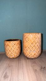 Set (2x) keramische bloempotten geel/bruin, Ophalen, Zo goed als nieuw, Overige vormen, Aardewerk