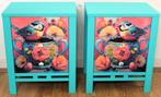 2 Turquoise nachtkastjes, lades, vogel, bloemen, eclectisch, Eenpersoons, Ophalen of Verzenden, Zo goed als nieuw, 200 cm