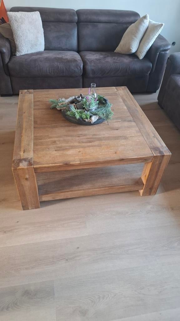 Robuuste houten salontafel 100x100 cm, Huis en Inrichting, Tafels | Salontafels, Ophalen, Gebruikt, 100 tot 150 cm, Vierkant